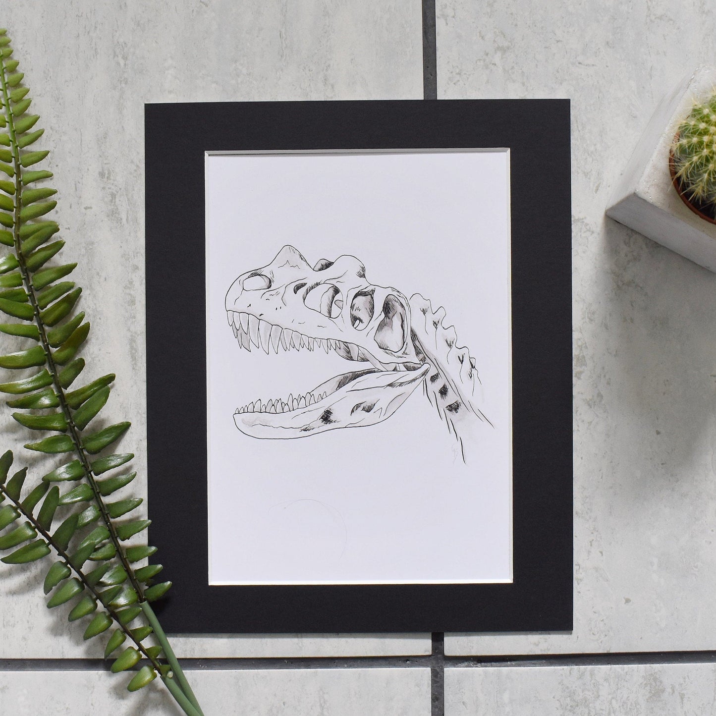 Framed black and white illustration of a dinosaur skull on a textured surface with plants.