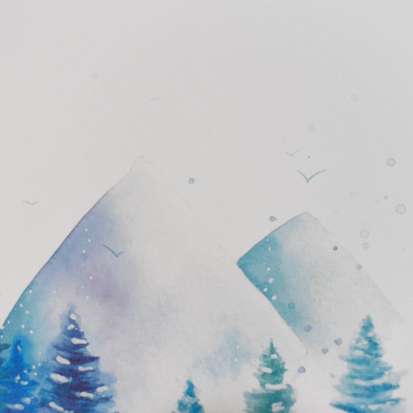 Watercolor painting of trees with a stylized mountain peak on a light gray background
