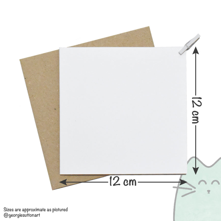 Measurement chart showing a white card with brown envelope and dimensions, with a cat illustration at the bottom.