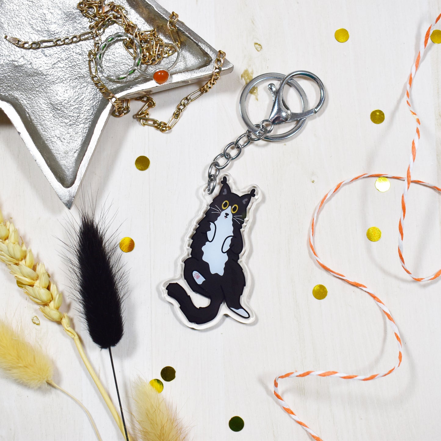 Fluffy Tuxedo Cat Keyring