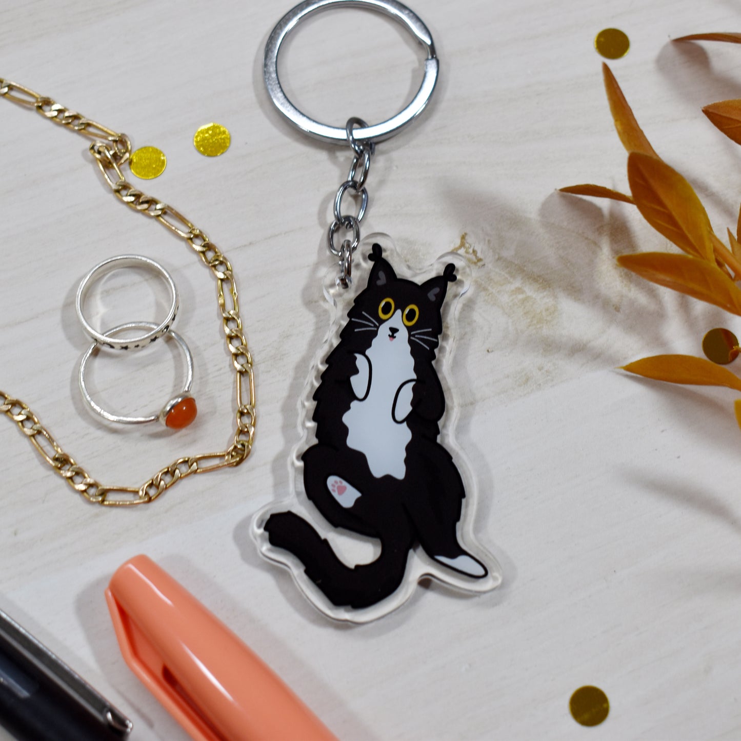 Fluffy Tuxedo Cat Keyring