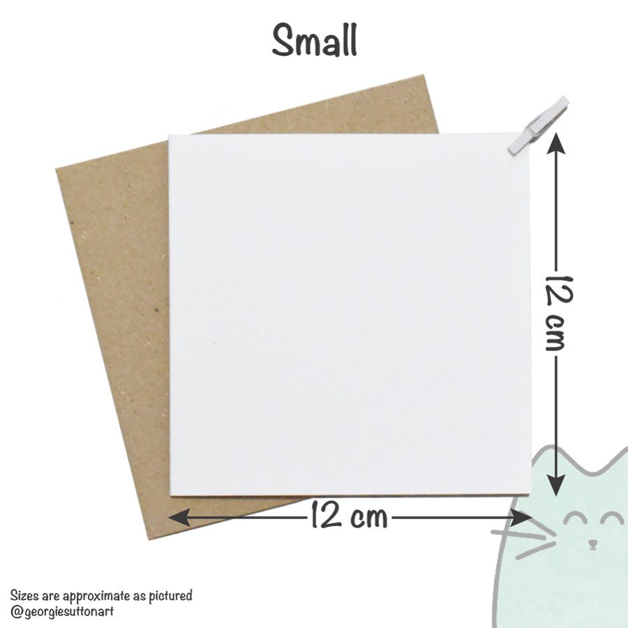 Small greeting card with brown envelope and dimensions indicated