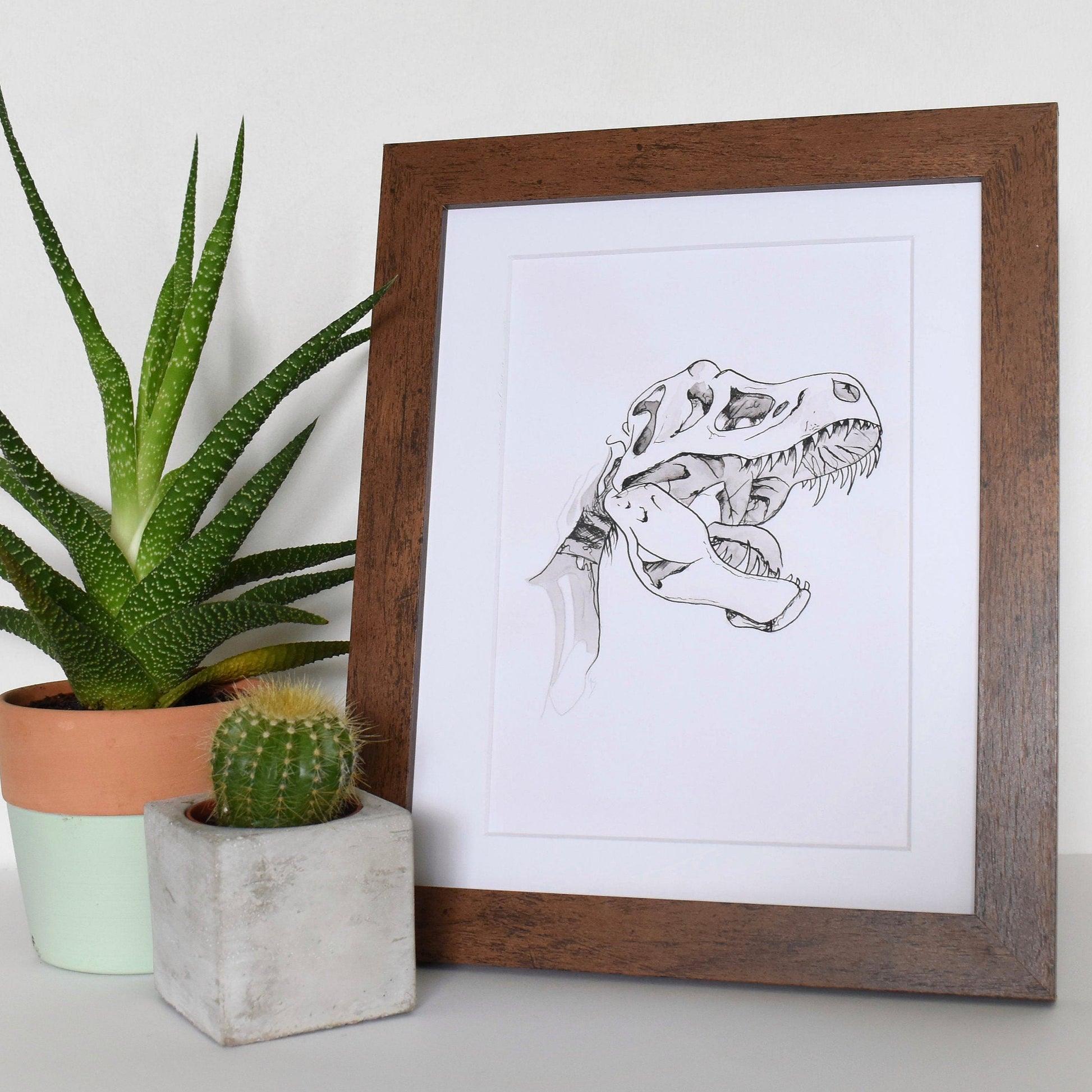 Framed black and white dinosaur illustration next to potted plants on a light surface with a white background