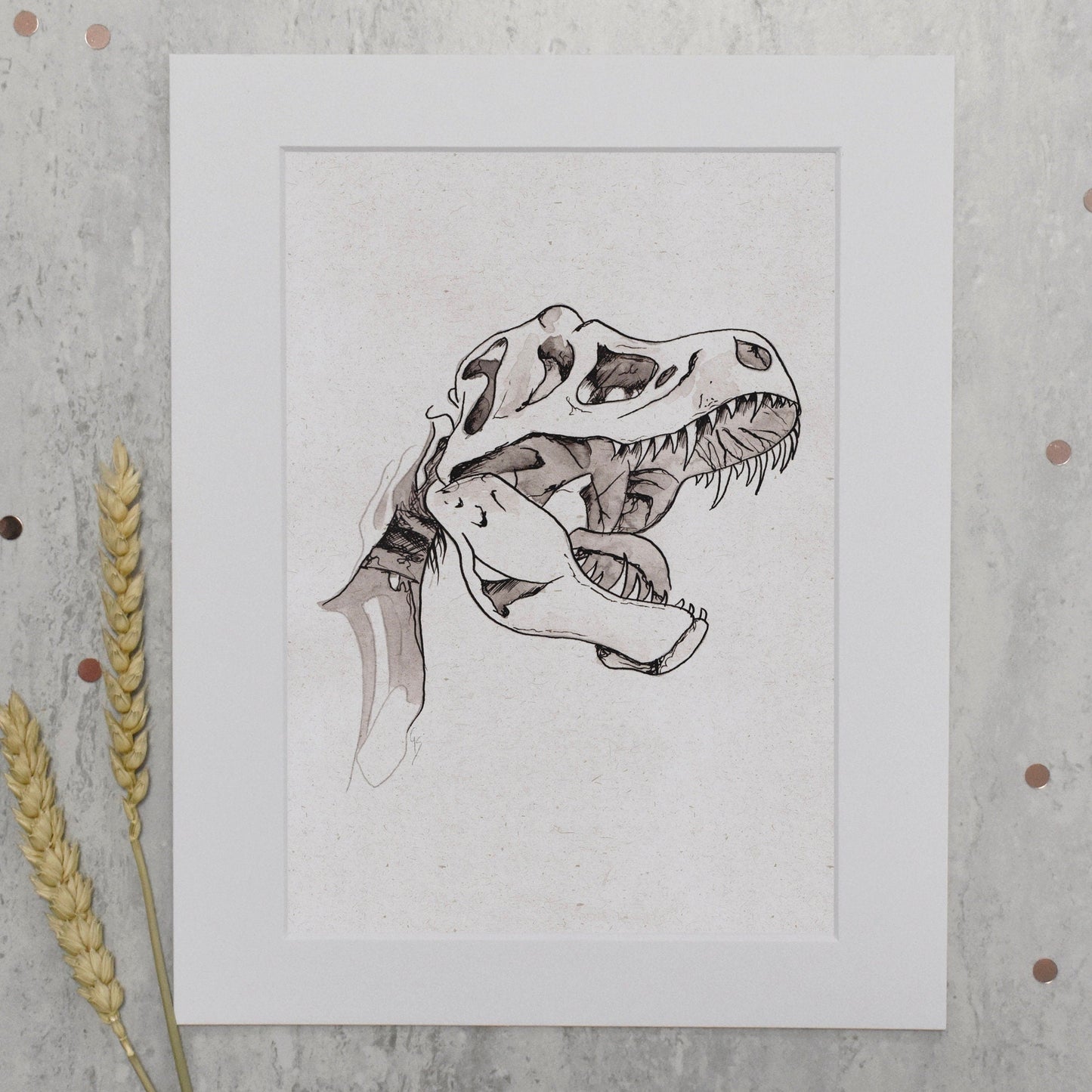 Framed illustration of a dinosaur skull on a textured wall with wheat stalks.