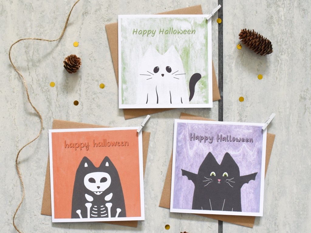 three halloween cat cards
