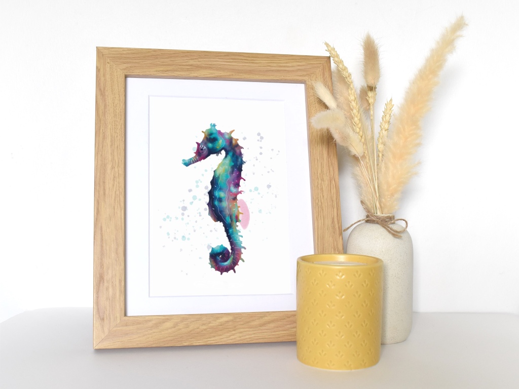 Seahorse print in wooden frame